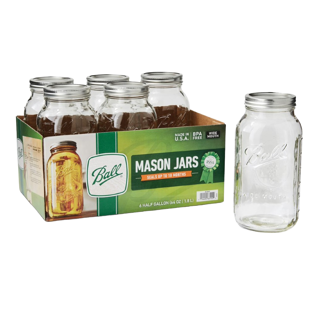Six half-gallon clear glass wide mouth canning jars with metal lids displayed with one jar outside the box in kitchenware collections