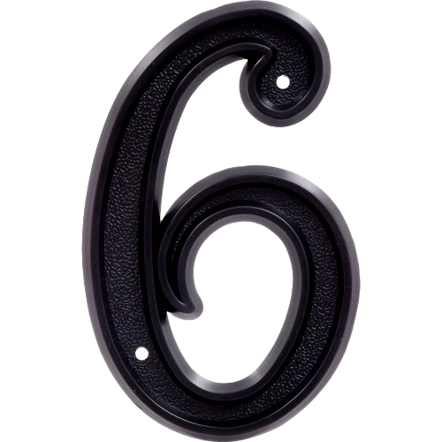 Matte black plastic decorative house number 6 for outdoor use in hardware and home improvement collections