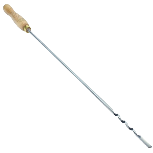 Long metal shell auger with wood handle designed for drilling in woodworking and home improvement tasks