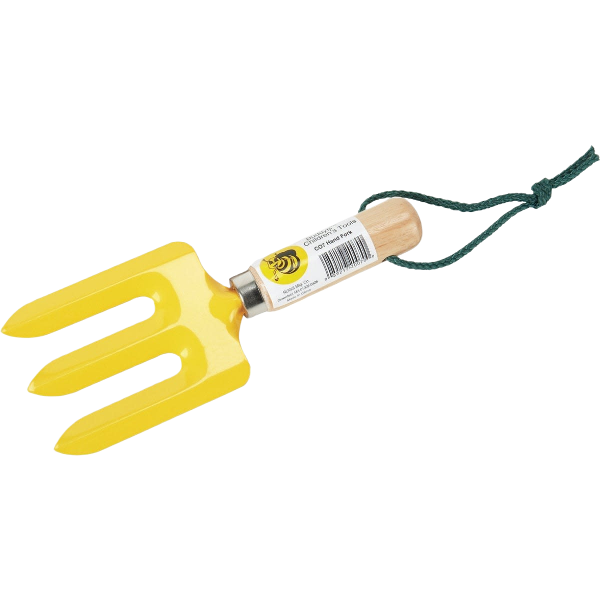 Yellow hand cultivator with three tines and wooden handle featuring wrist strap for gardening tasks
