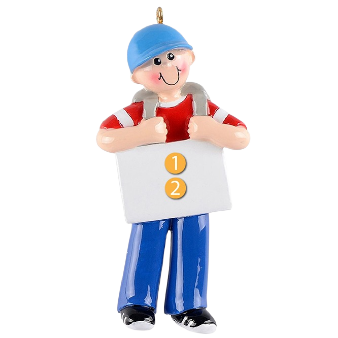 Boy ornament in blue cap and red shirt holding a blank sign from Christmas Ornaments & Tree Decorations under $50 collection