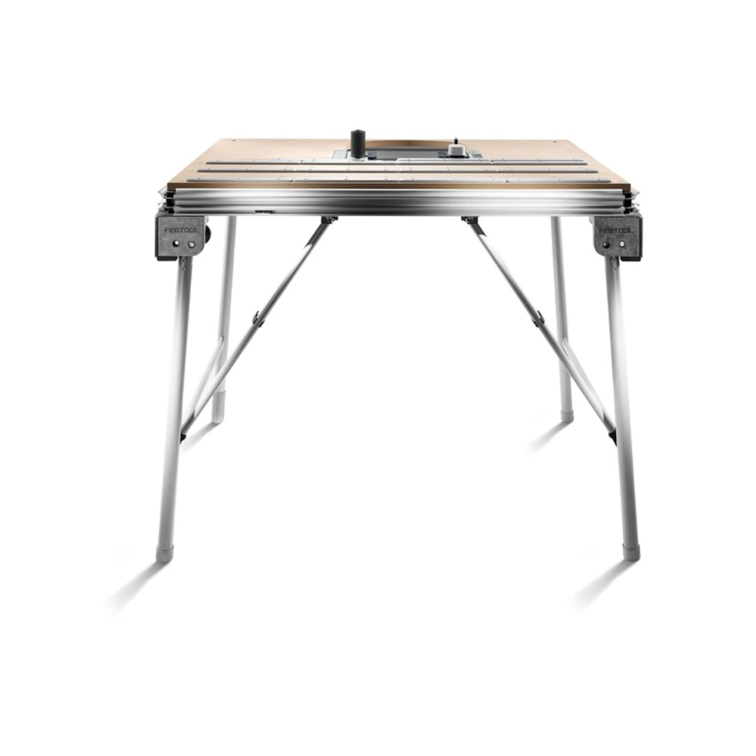 Front view of a sturdy woodworking multifunction table with metal cross members and adjustable legs for home improvement tools