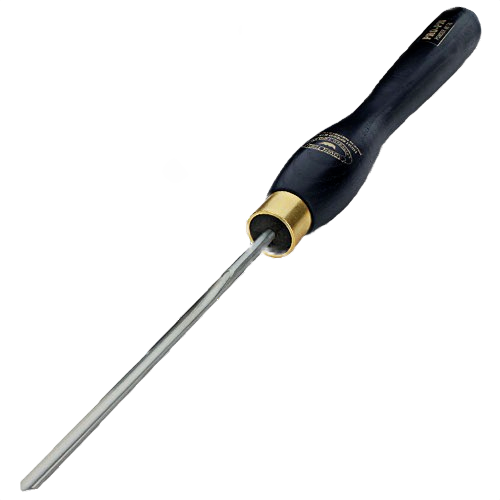 Woodturning spindle gouge with black handle and brass ferrule for tools and home improvement use