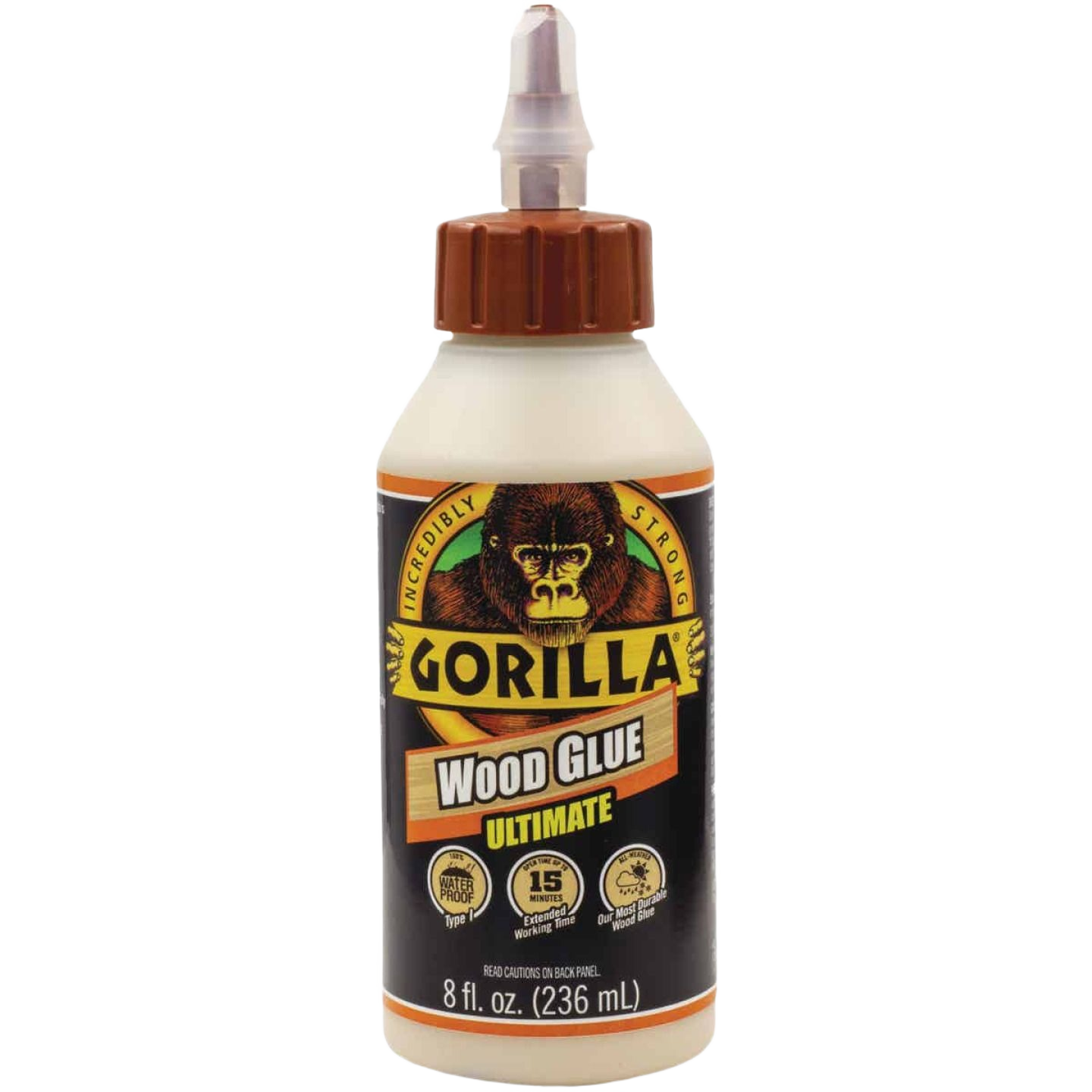 Plastic bottle of Gorilla wood glue with brown cap and yellow label for home improvement and woodworking tasks