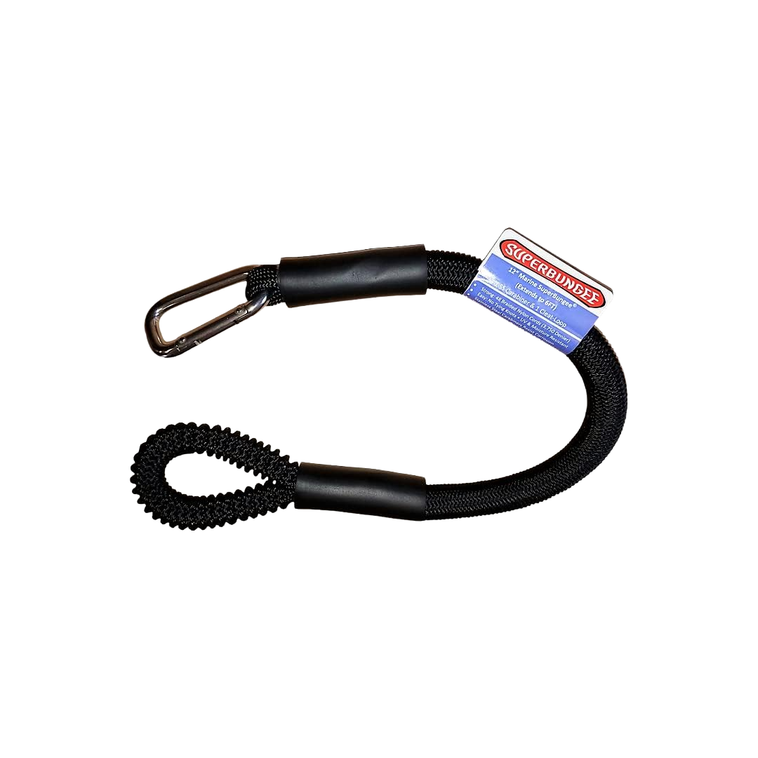 Black marine cord with stainless steel carabiner hook and looped end for towing and cargo tie-down applications