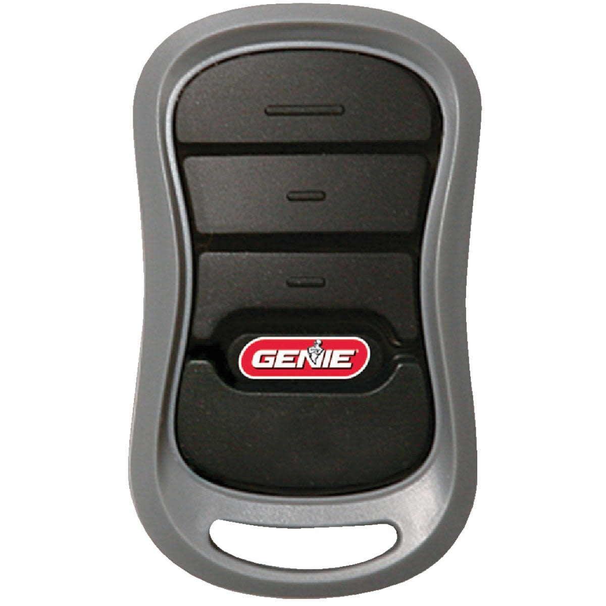 Compact gray plastic remote with three black buttons and red Genie logo for garage door control