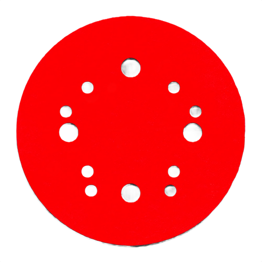 Red 5-inch sanding disc with multiple ventilation holes for power tools in home improvement projects