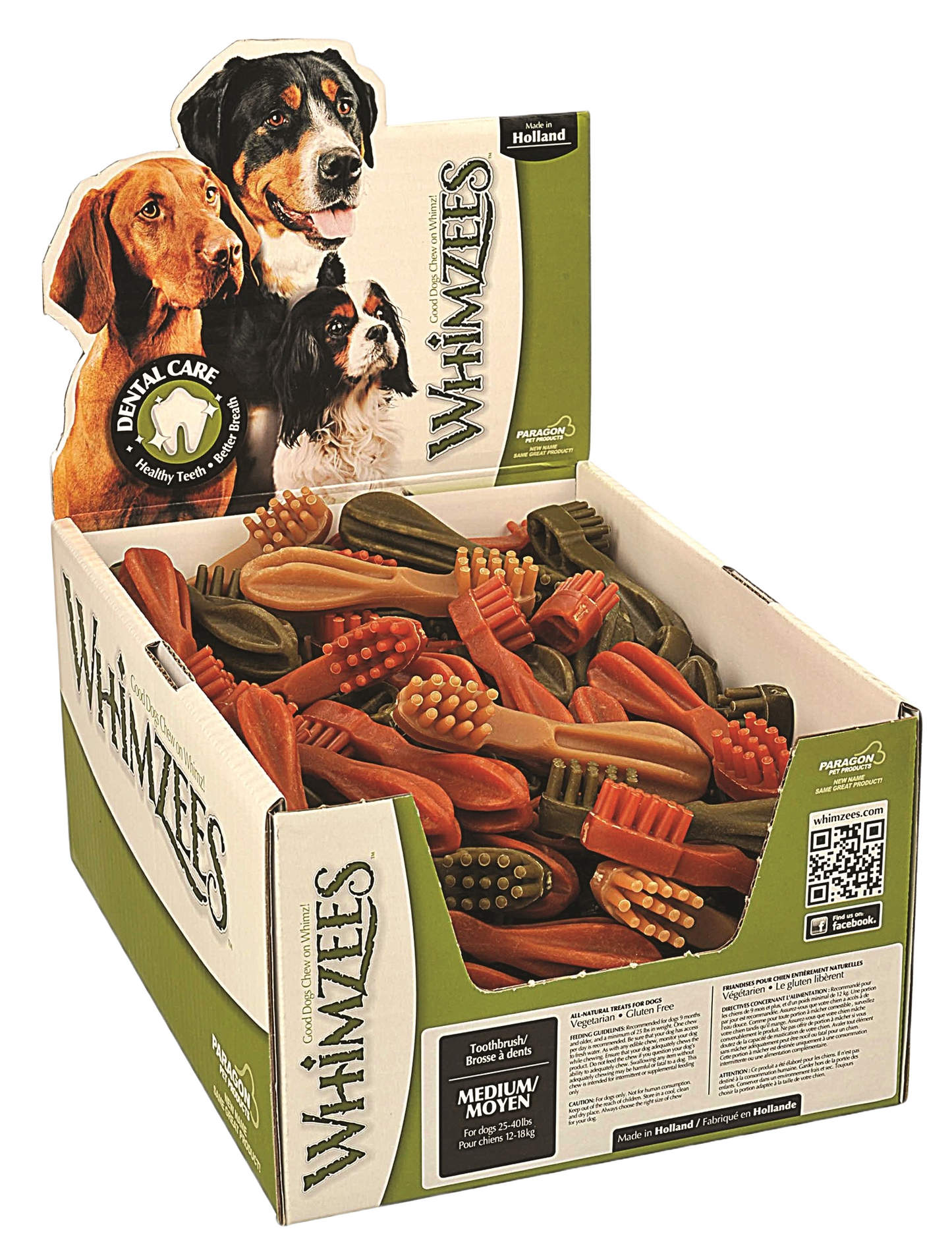 Display box of assorted star-shaped Whimzees Brushzees dog treats for dental care in pet supply collection