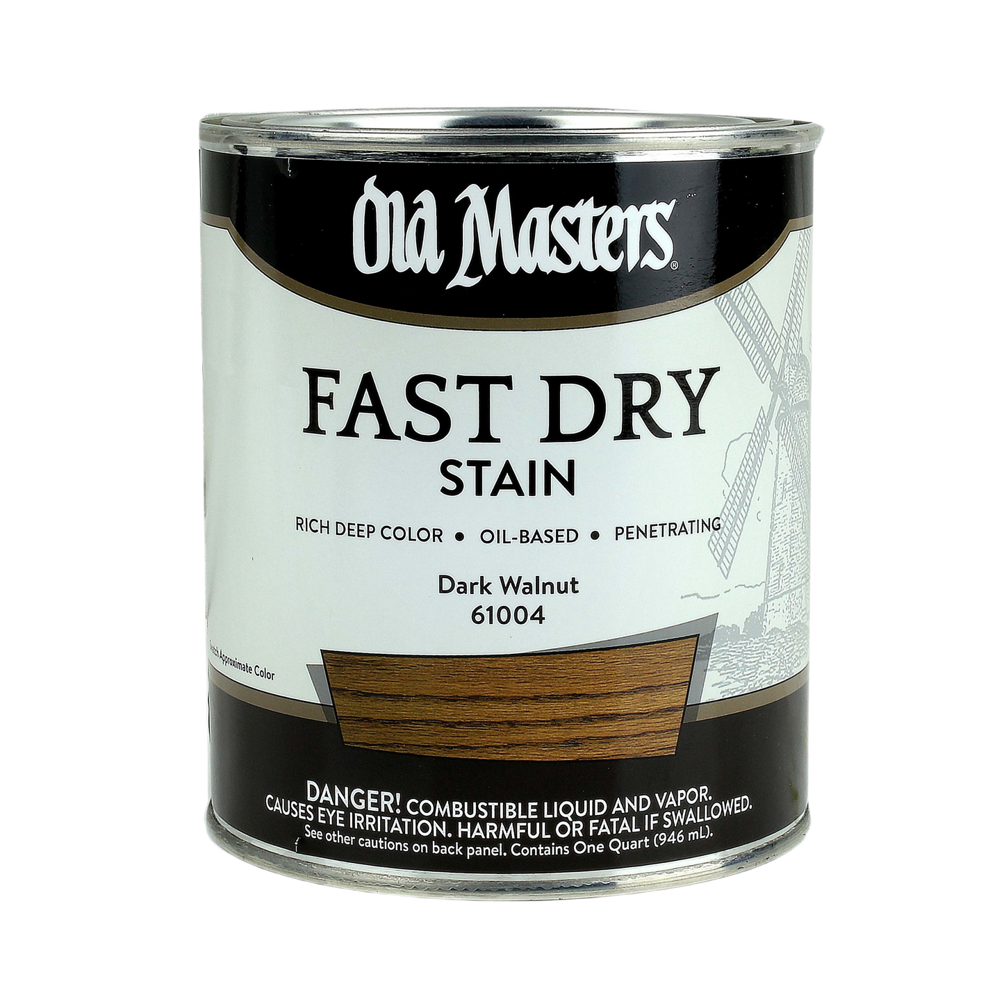 Can of dark walnut fast drying wood stain by Old Masters for home improvement and tools use