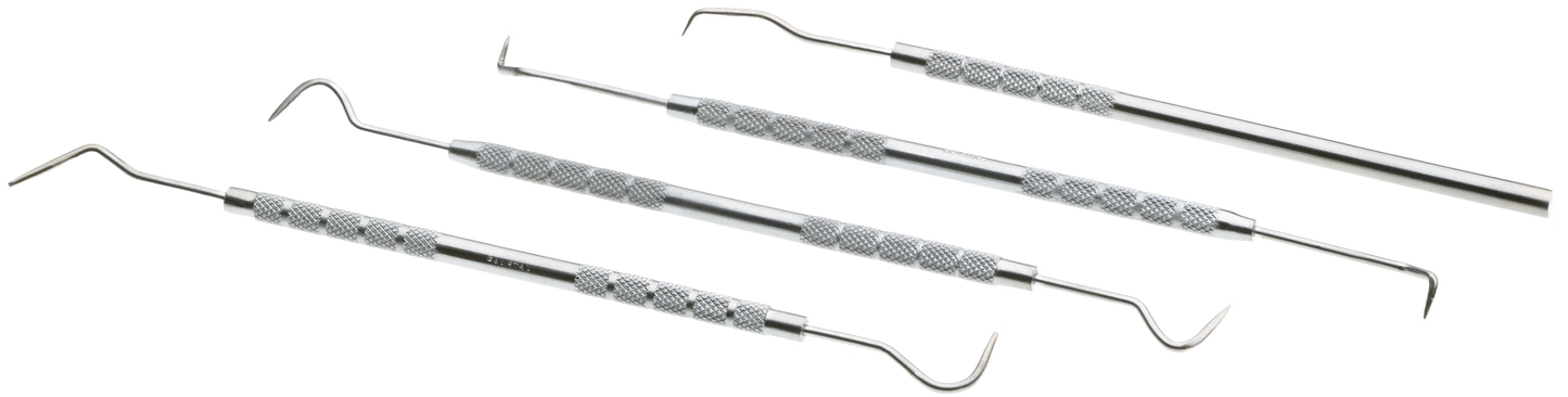 Set of four stainless steel precision picks with textured grips for home improvement and detailed tool work