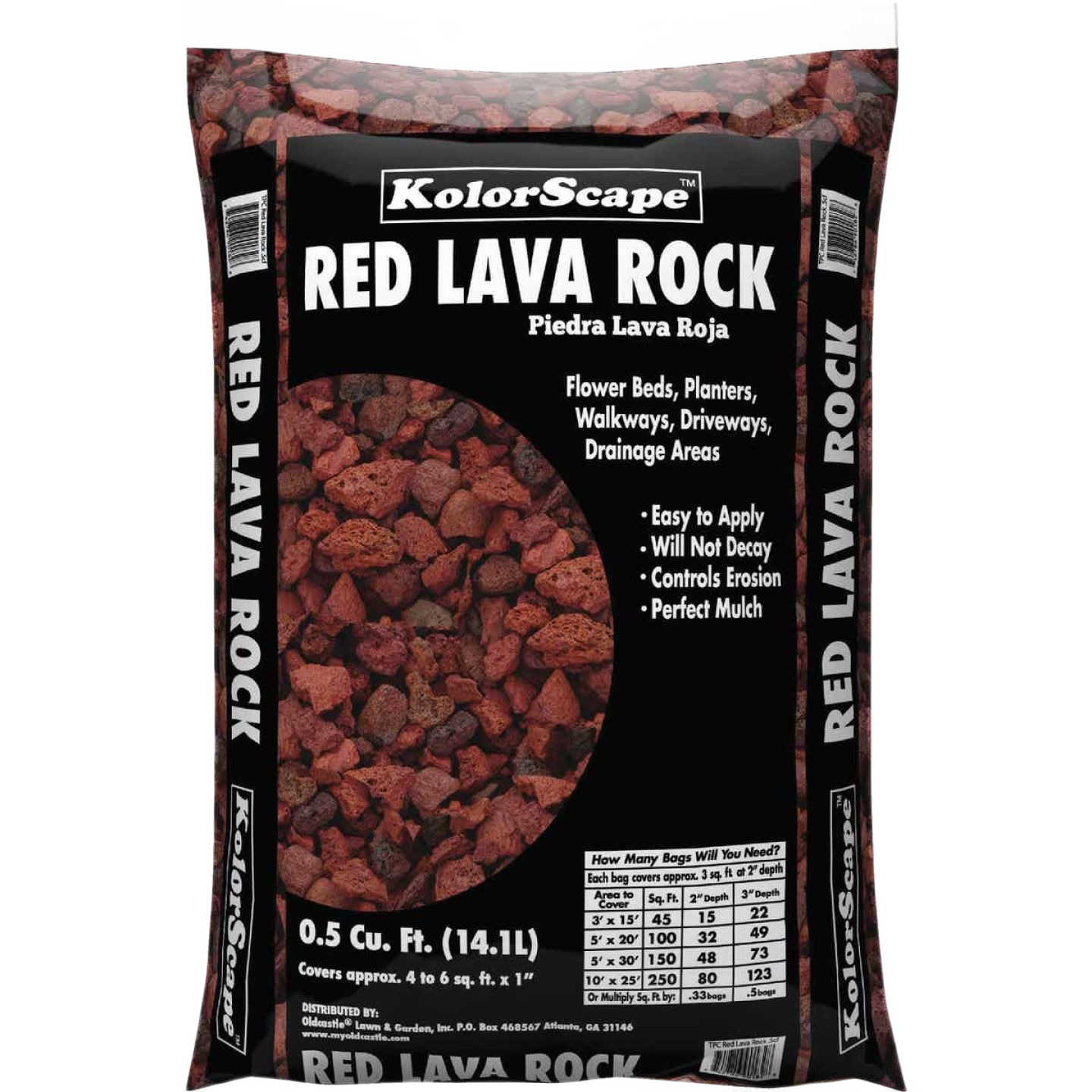 Bag of red lava rock mulch for flower beds, planters, walkways, and erosion control in home improvement projects