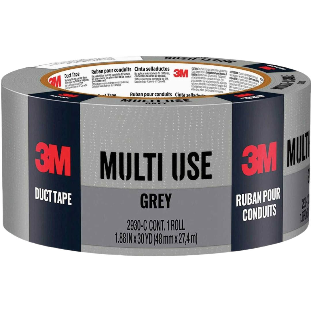 Roll of gray multi-use duct tape for home improvement and repair projects with strong adhesive backing