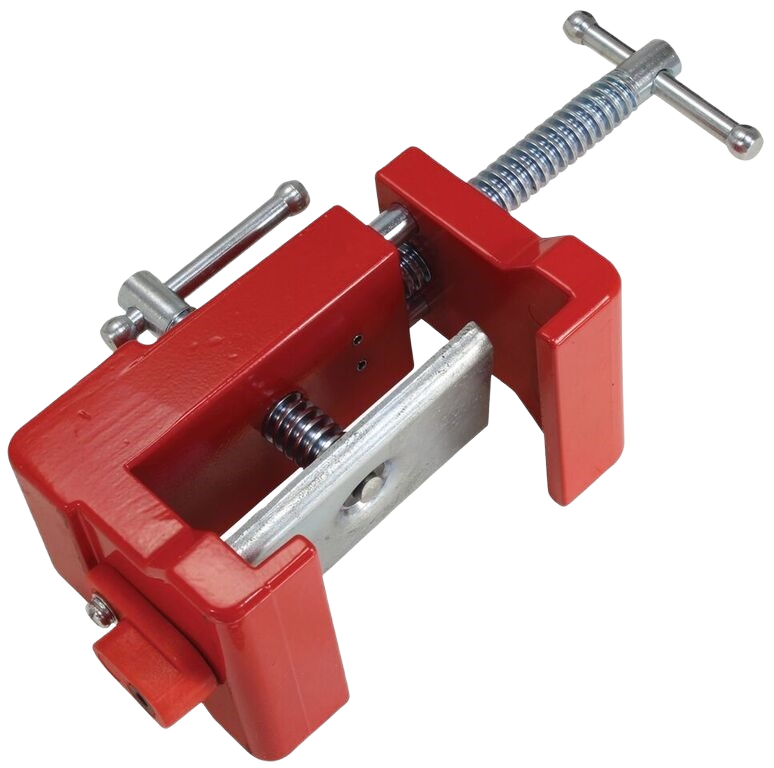 Red face frame clamp with metal screw mechanism for securing wood joints in tools and home improvement projects