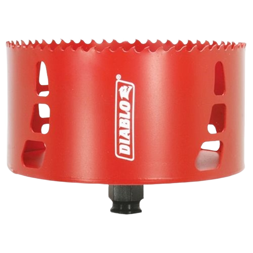 Red steel hole saw with sharp teeth and snap-lock mandrel for woodworking tools in home improvement collections