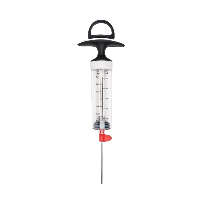 Kitchen flavor injector with easy-grip handle and measurement markings for precise marinade infusion in cooking utensils collection
