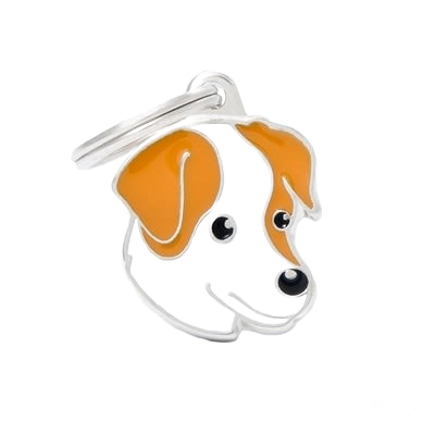 White and brown Jack Russell dog face ID tag with silver-tone edges and attached key ring