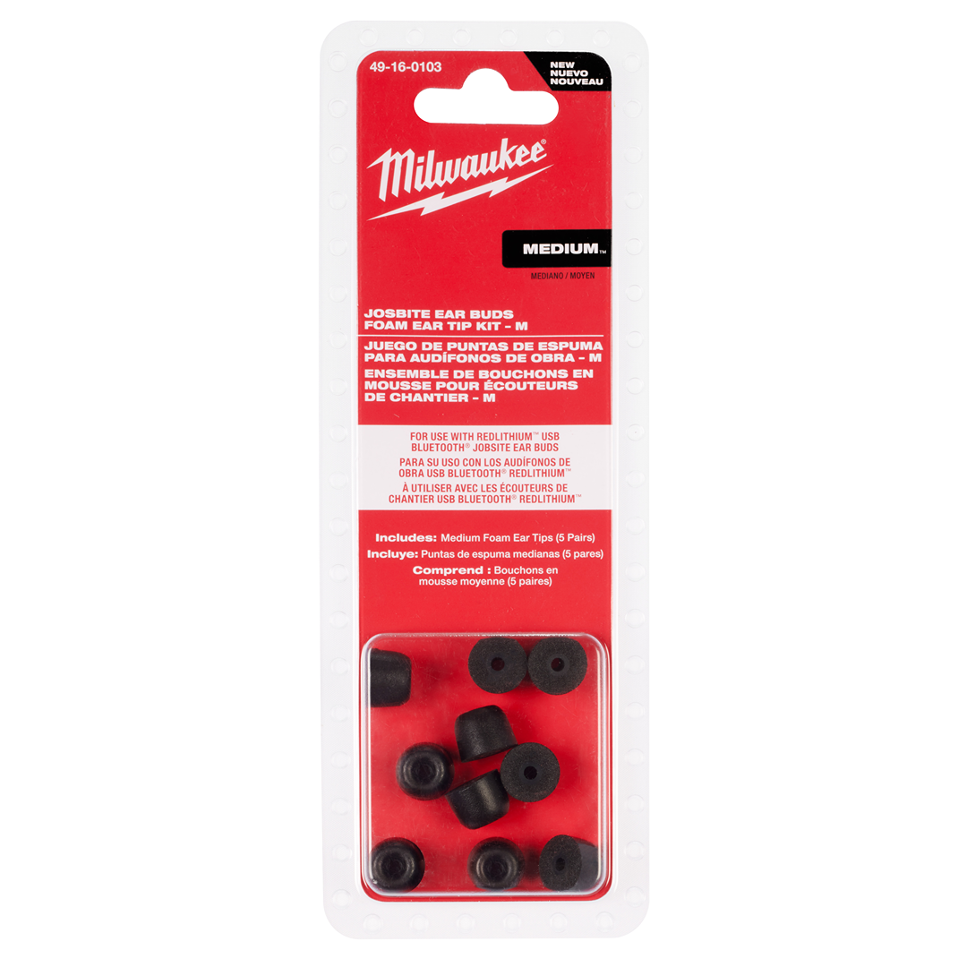 Medium foam ear tip kit for jobsite earbuds in black packaging for tools and home improvement use