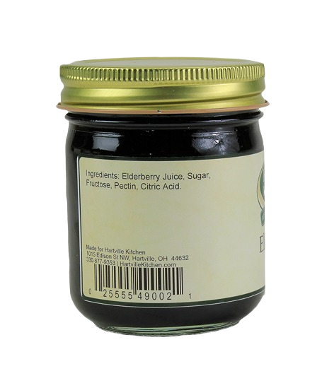 Glass jar of elderberry jelly showing ingredients and Hartville Kitchen contact details in jams and jellies collection under $25
