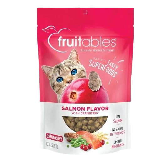 Pink and white pouch of salmon flavor cat treats featuring a cat with blue eyes holding a fruit-shaped object