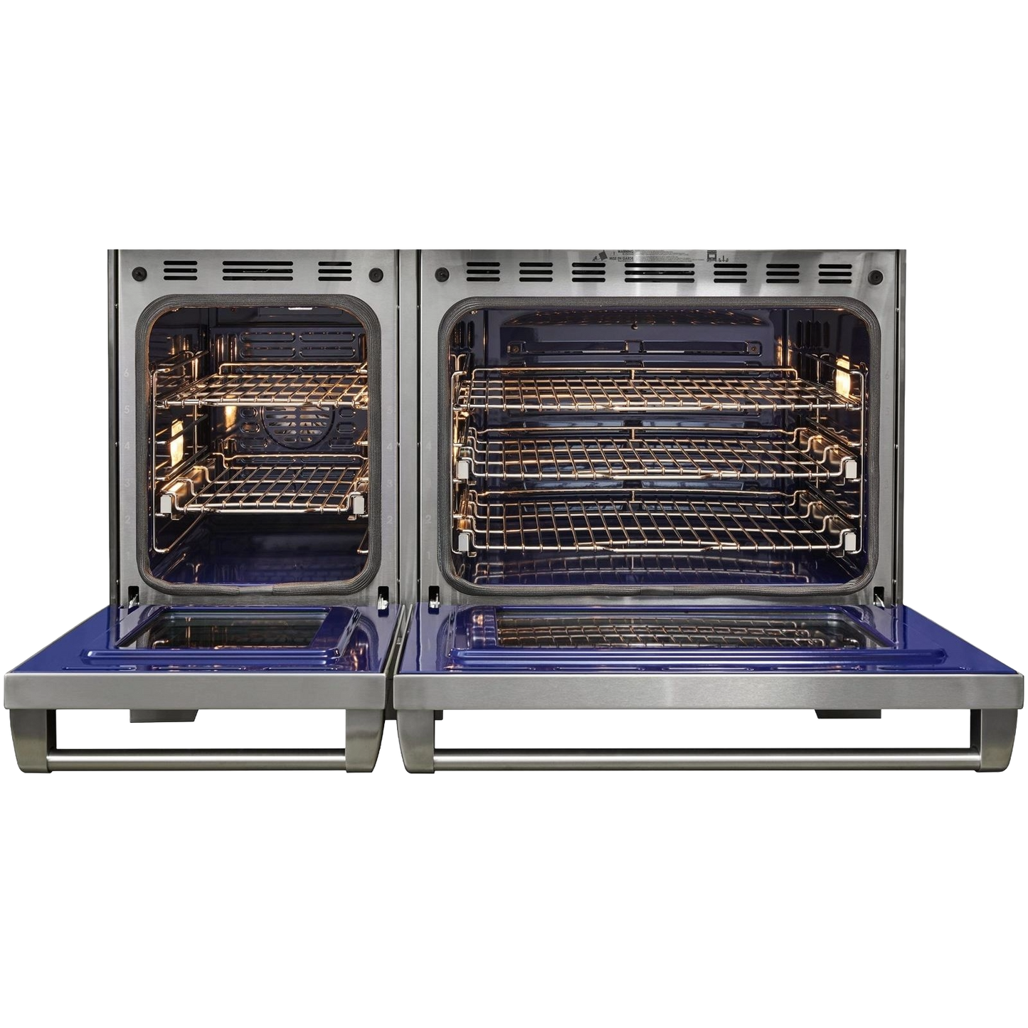 Dual fuel range with two open ovens showing multiple adjustable wire racks and blue interior surfaces for kitchen appliances
