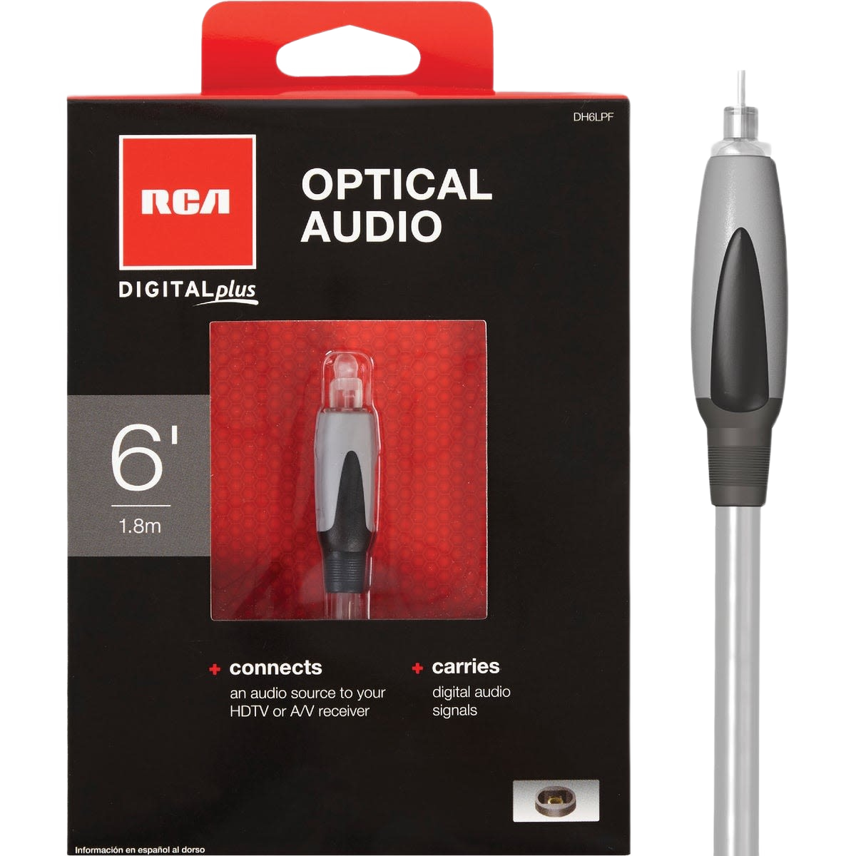 6-foot digital optical audio cable with clear connector and gray and black grip for tools and home improvement projects