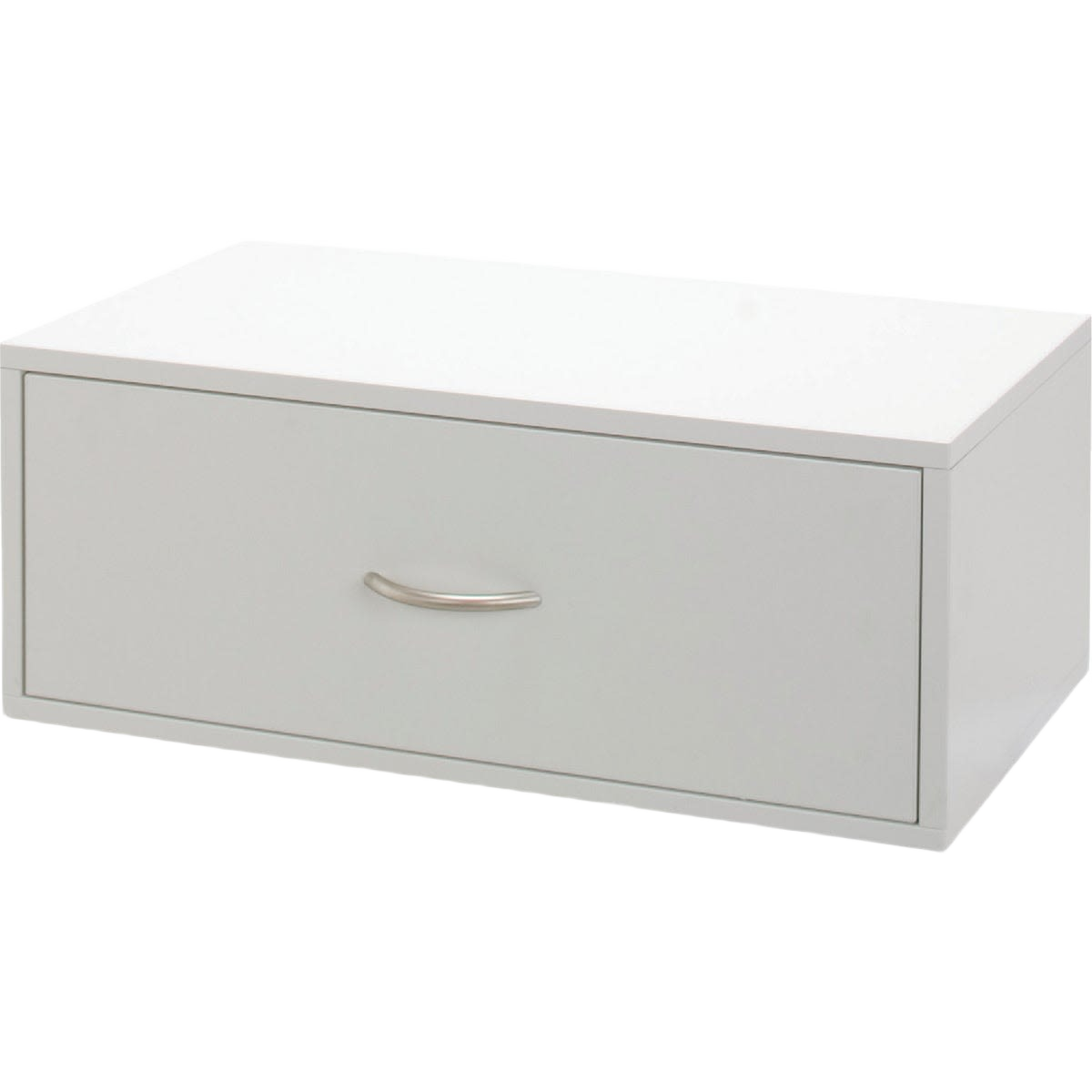 White double hang storage box with single drawer and metal handle for countertop and closet organization
