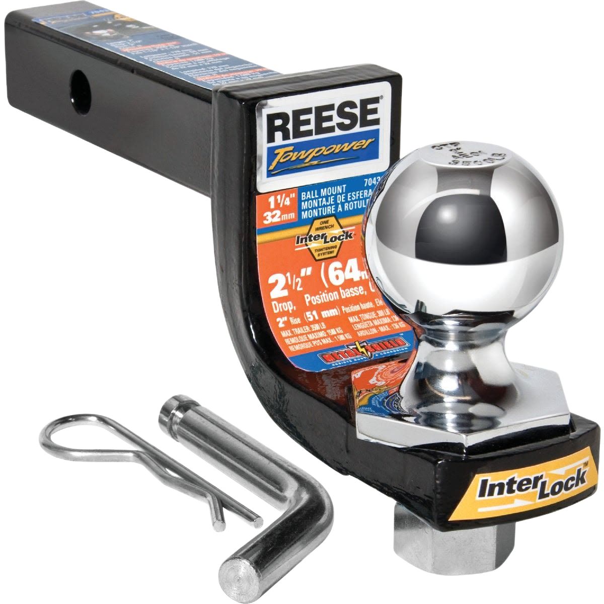Black forged steel trailer hitch with polished chrome ball and securing pin in parts and lubricants collection under $50