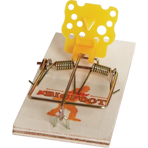 Wooden mouse trap with yellow plastic trigger mechanism and metal spring components for effective pest control tools