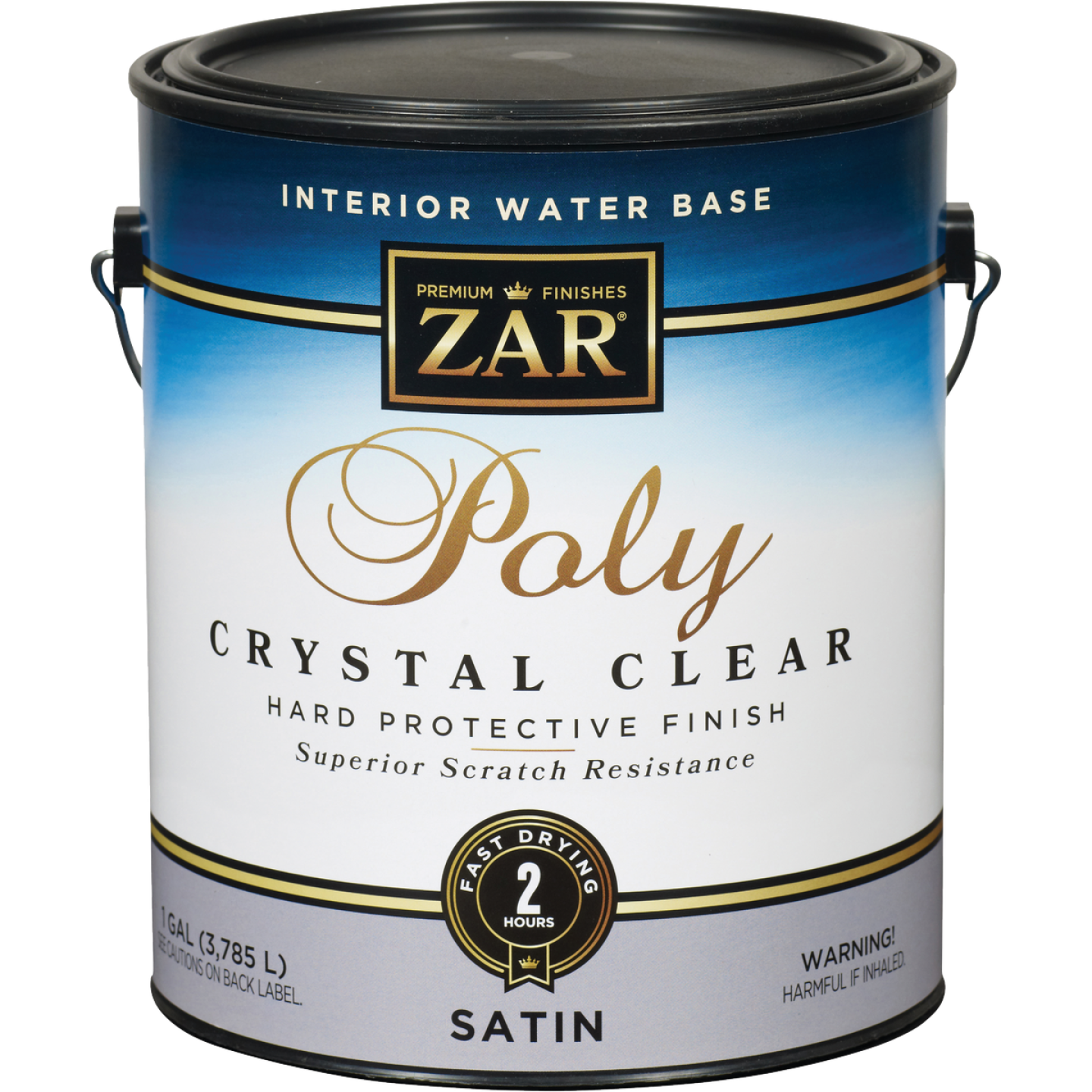 Gallon can of satin-finish interior water-based polyurethane with fast-drying protective coating for home improvement.