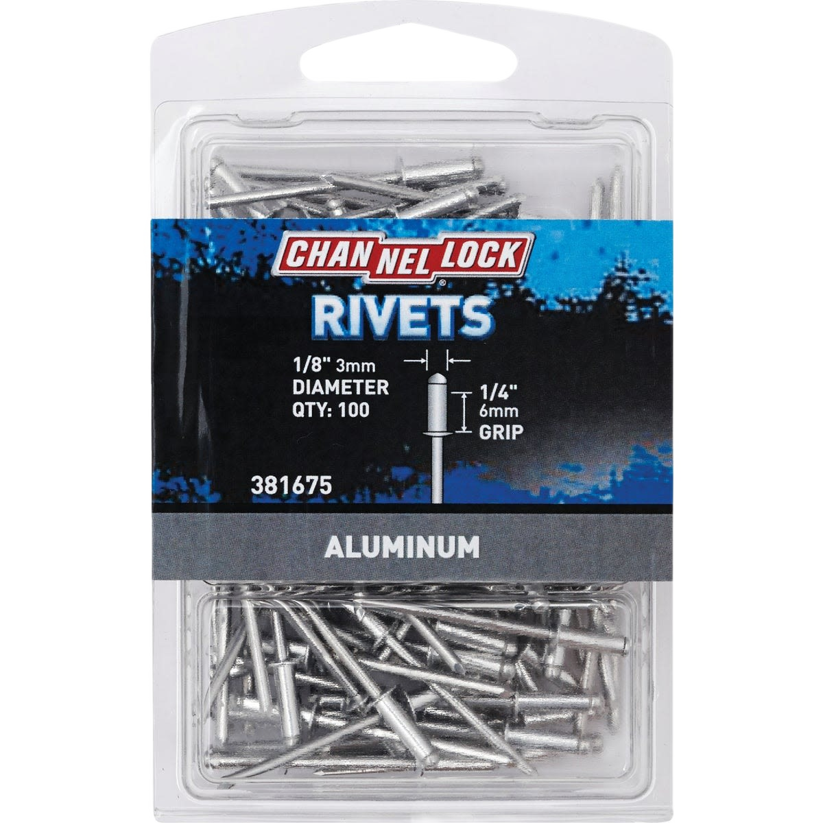 Pack of 100 aluminum pop rivets with 1/8 inch diameter and 1/4 inch grip for tools and home improvement projects