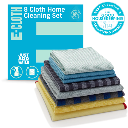 Set of eight assorted cleaning cloths in various colors stacked neatly, displayed with branded packaging highlighting effective home cleaning in Cleaning Tools and Dusters & Cleaning Cloths collections.