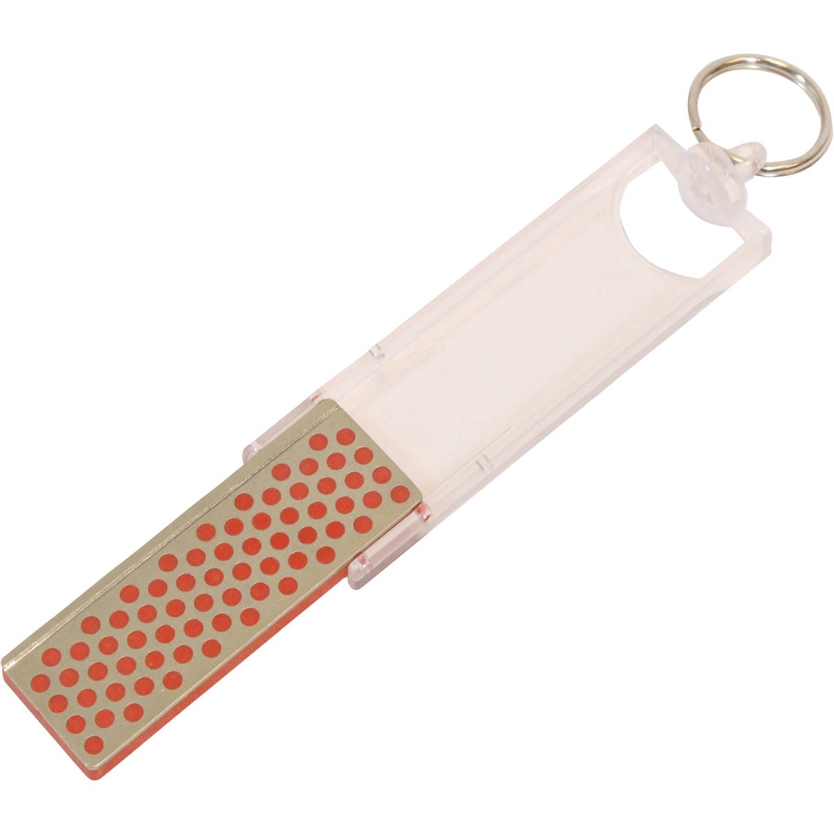 Compact sharpening stone with diamond abrasive surface and protective clear plastic case with keyring attachment