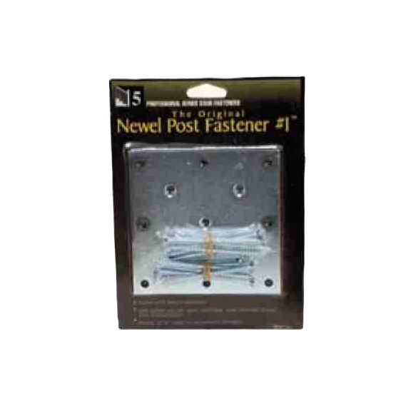 Metal mounting plate with screws packaged for fastening newel posts in home improvement projects