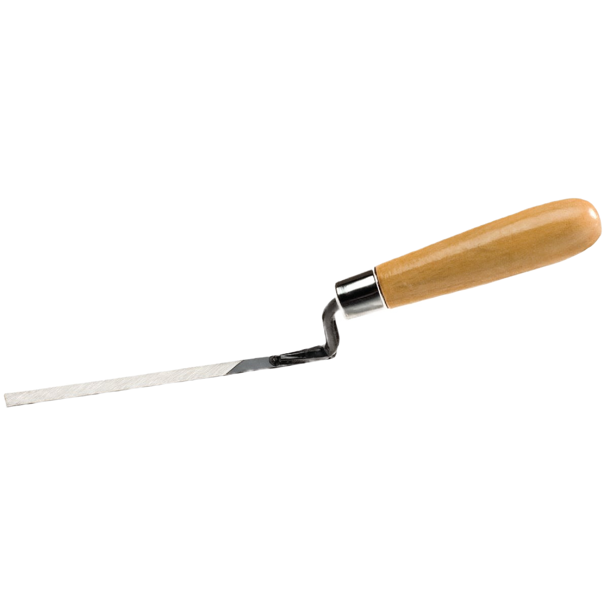 Wood tuck pointer tool with wooden handle and narrow metal blade for masonry and home improvement tasks