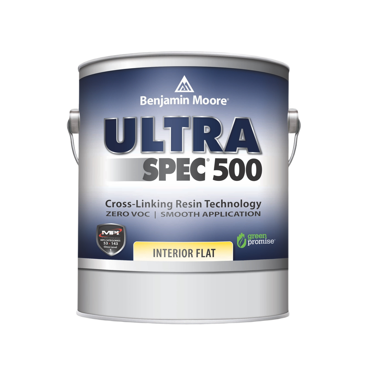 One-gallon can of white flat interior paint with smooth application, part of Benjamin Moore interior wall paint collection