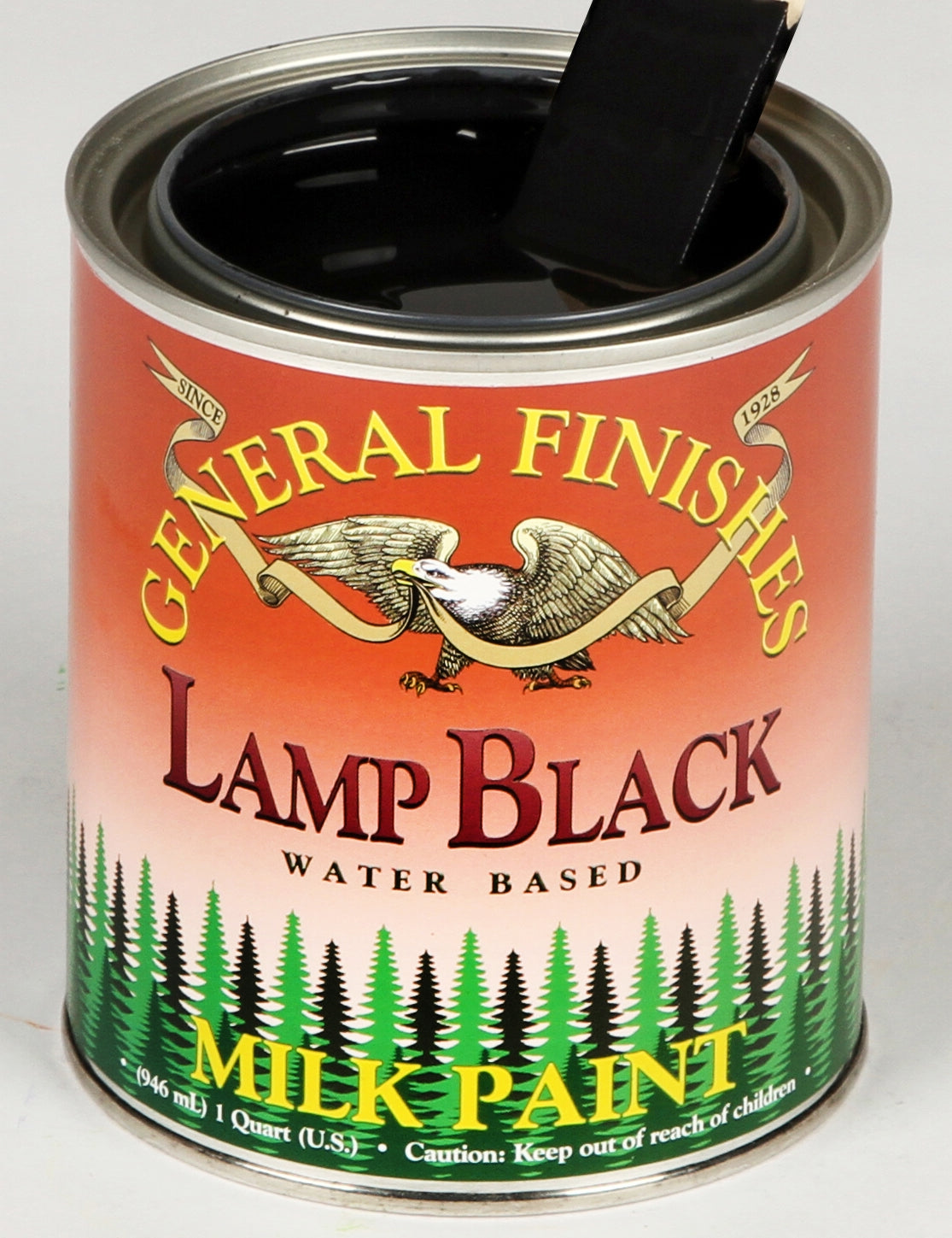 Open quart can of deep black water-based milk paint from Specialty Paint collection under $50