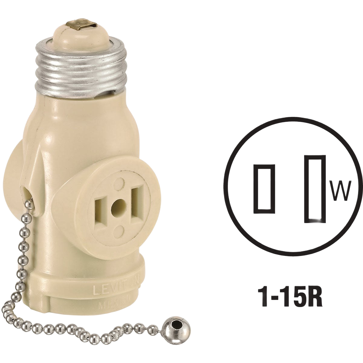 Ivory pull chain socket adapter with electrical plug base and metal pull chain for home improvement use