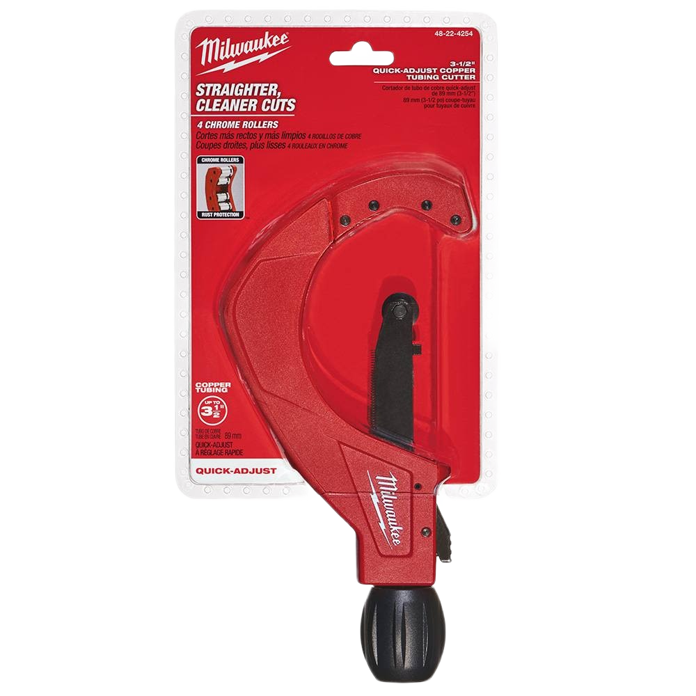 Red quick-adjust copper tubing cutter with four chrome rollers for precise cuts in plumbing tools and home improvement collections