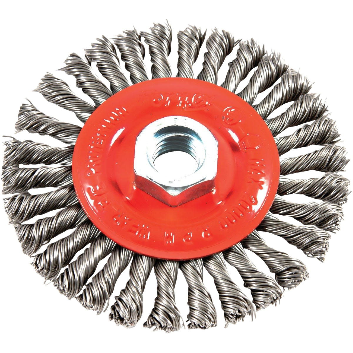 Twisted wire wheel brush with red hub for angle grinder, ideal for surface cleaning in power tool accessories under $50.