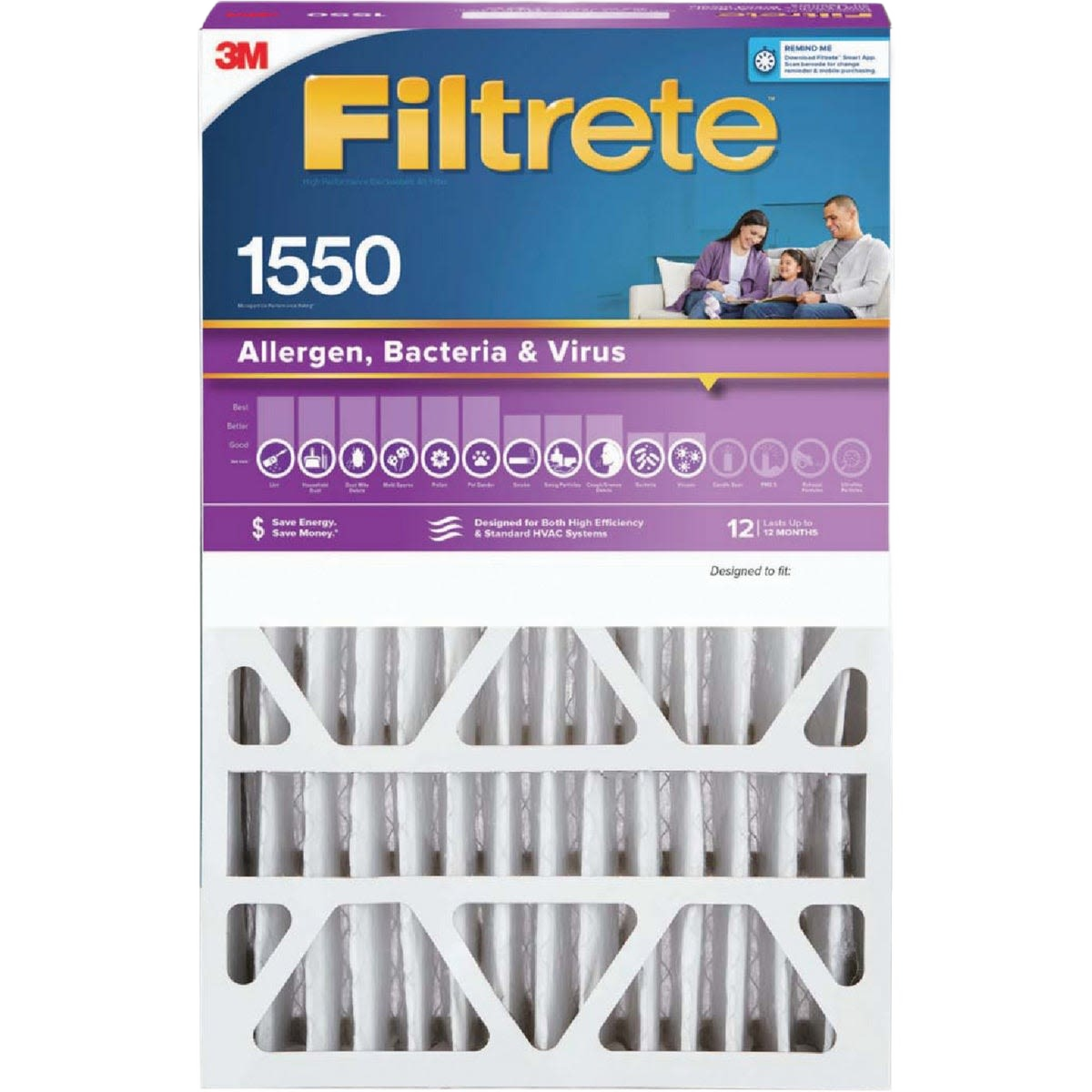 Filtretre furnace filter with 1550 MPR rating for allergen, bacteria, and virus protection in home improvement use