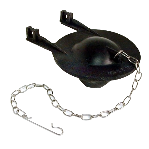 Black universal toilet tank flapper with metal chain for plumbing parts and home repair applications