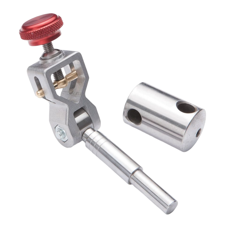 Metal fingernail profiling tool with adjustable red knob and cylindrical steel attachment for home improvement tasks
