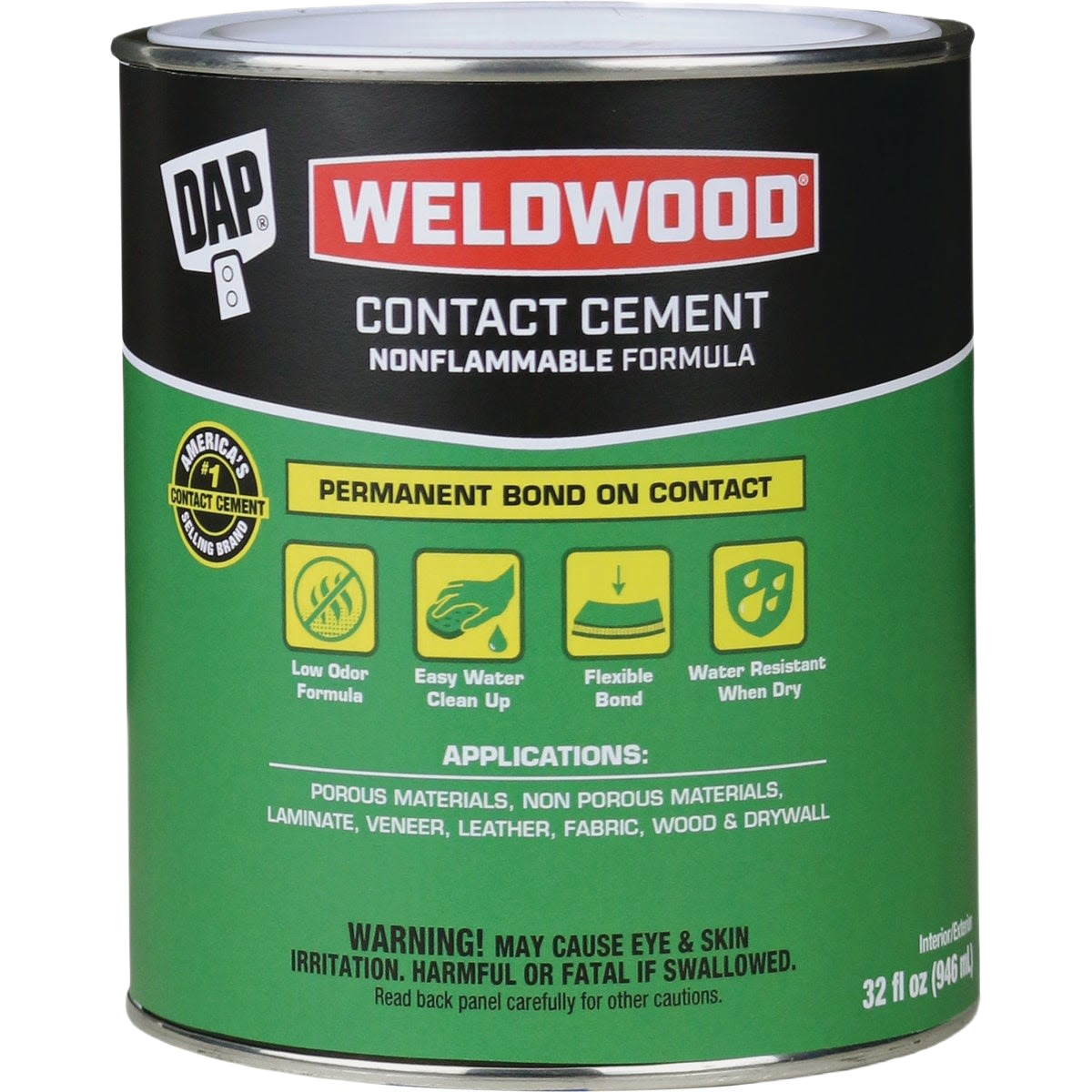 Quart-size can of DAP Weldwood contact cement with nonflammable, water-resistant adhesive for home improvement tasks