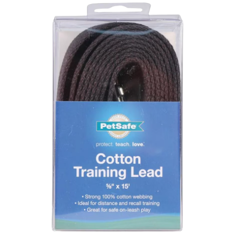 Black cotton training lead with metal clip, packaged in clear plastic for pet training and control use
