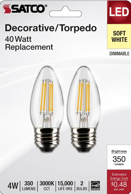 Pair of clear LED decorative bulbs with medium base, soft white light, dimmable, suitable for home improvement under $50 collections