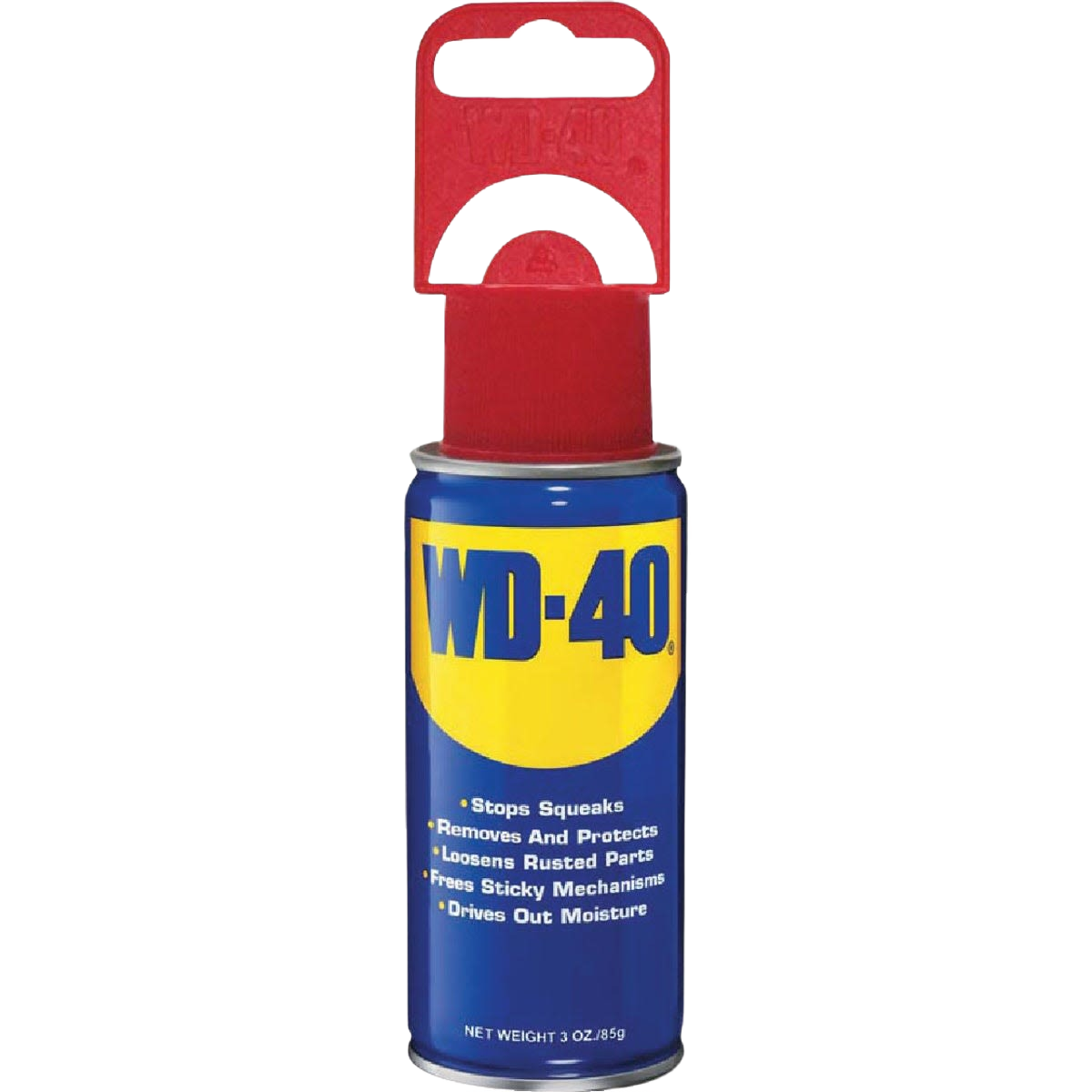Compact aerosol lubricant can with red cap and blue-yellow label for home improvement and tools use