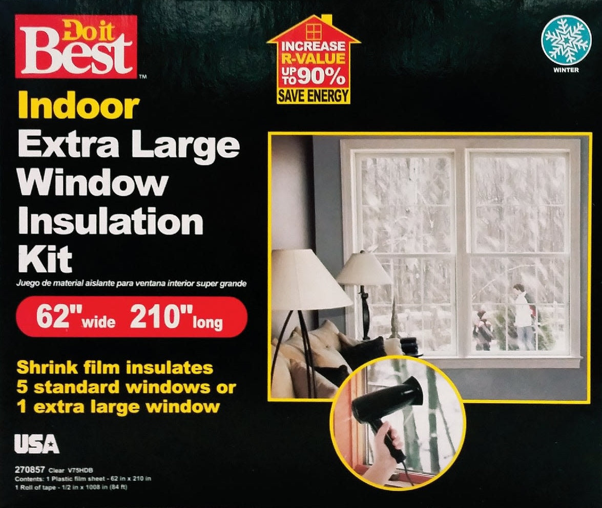 Indoor window insulation kit packaging showing shrink film for energy saving in home improvement hardware collection