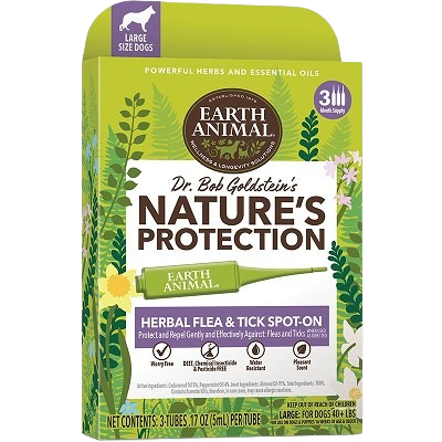 Box of Earth Animal herbal spot-on treatment for large dogs with green botanical design and product information text