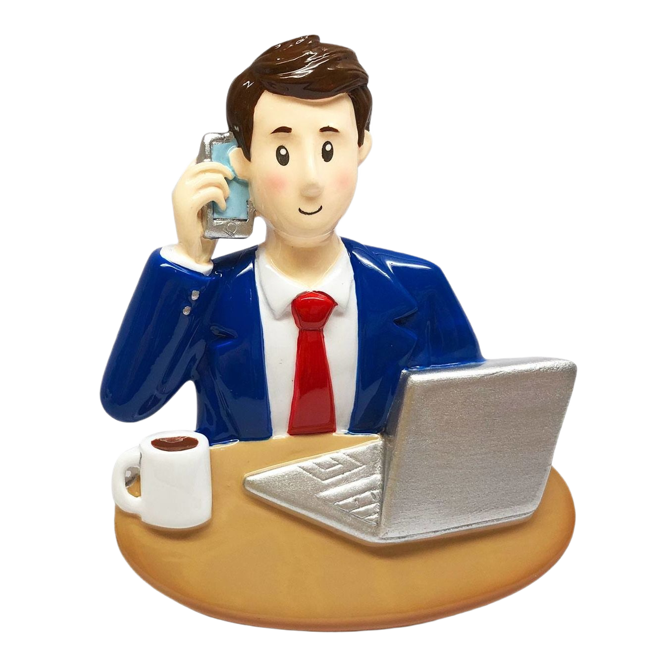 Businessman figurine in blue suit with red tie talking on phone at desk with laptop and coffee from holiday decorations collection