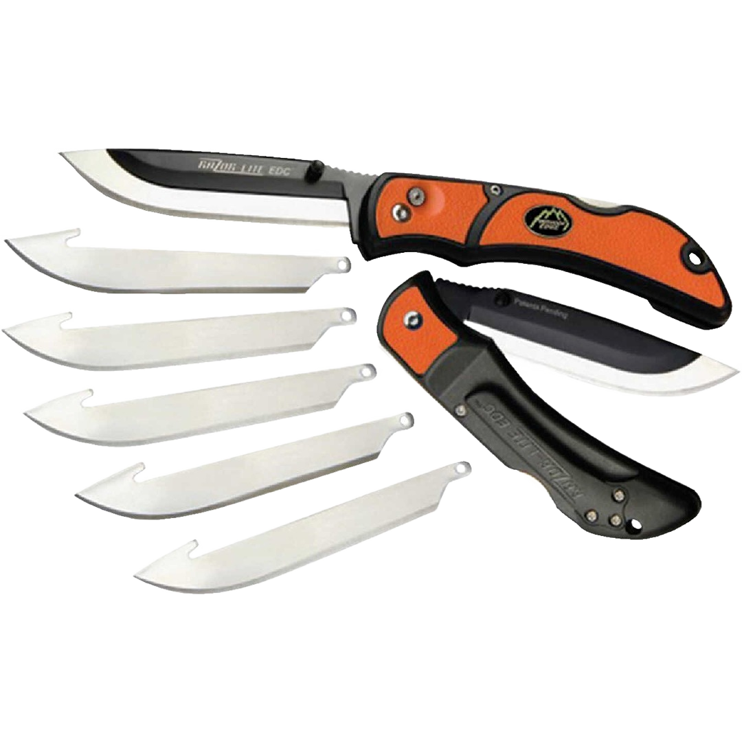 Folding knife with orange and black handle and multiple replaceable stainless steel blades for outdoor use